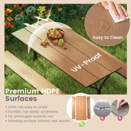 GOFLAME 183CM Picnic Table Bench Set Outdoor Dining Table & 2 Benches Umbrella Hole