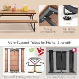 GOFLAME 183CM Picnic Table Bench Set Outdoor Dining Table & 2 Benches Umbrella Hole