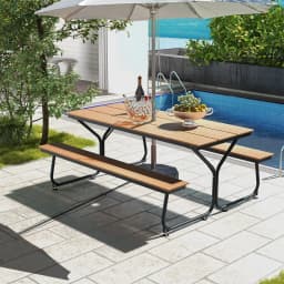 GOFLAME 183CM Picnic Table Bench Set Outdoor Dining Table & 2 Benches Umbrella Hole