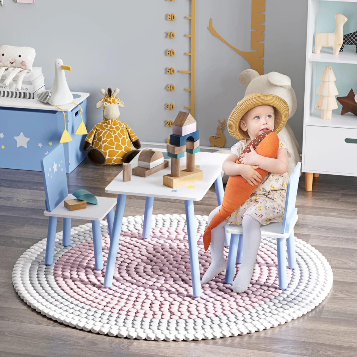 HOMCOM 3 Pcs Kids Table & Chairs Set with Wood Legs Safe Corners Cute Stars Seating Blue