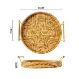 Simulated Woven Rattan Storage Tray Basket With Wooden Handle Bread Basket Tray Fruit Wicker Tray Coffee Table Decorative Tray