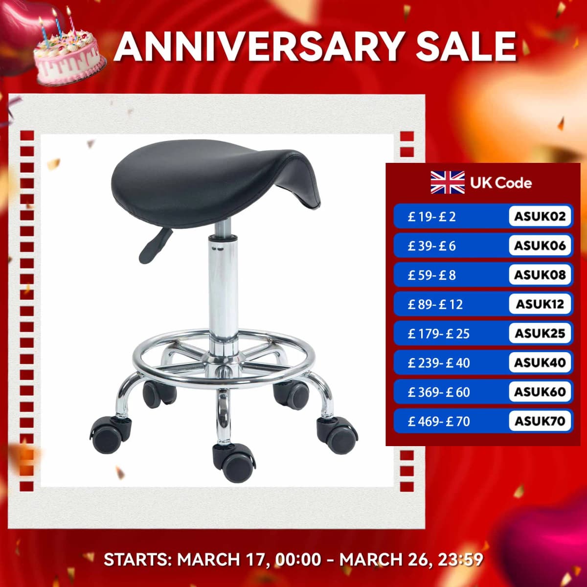 HOMCOM Saddle Chair, Rolling Salon Stool for Massage Spa Clinic Beauty, Black