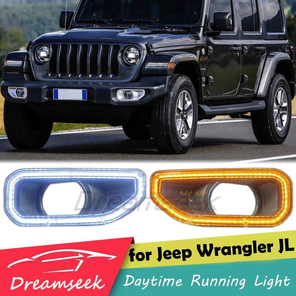 LED DRL Daytime Running Light for Jeep Wrangler JL 2018+ Auto Driving W/ Yellow Turn Signal Light Front Bumper Fog Lamp Daylight