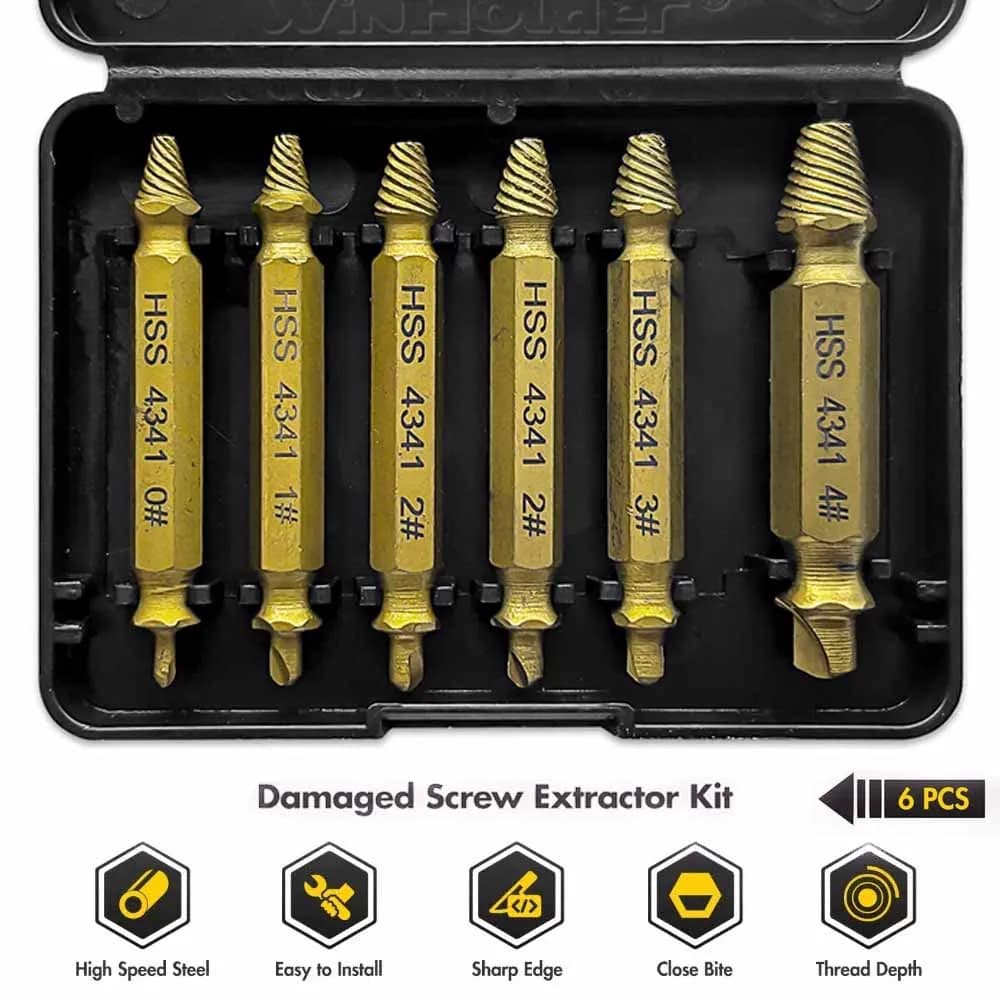 6Pcs/Set Broken Screw Extractor Remover Set Damaged Bolt Stud Easy Out Stripped Drill Bit Tools Kit with Black Case