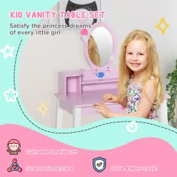 HOMCOM 2 PCS Kids Wooden Dressing Table and Stool Girls Vanity Table with Mirror for Toddlers Age 3 Years +, Pink and White