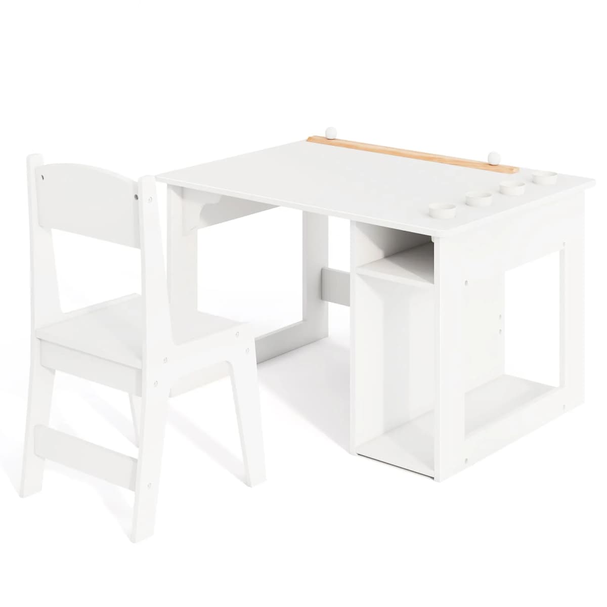 GOFLAME Kid’s Art Table & Chair Set with 4 Paint Cups & 2 Storage Shelves White
