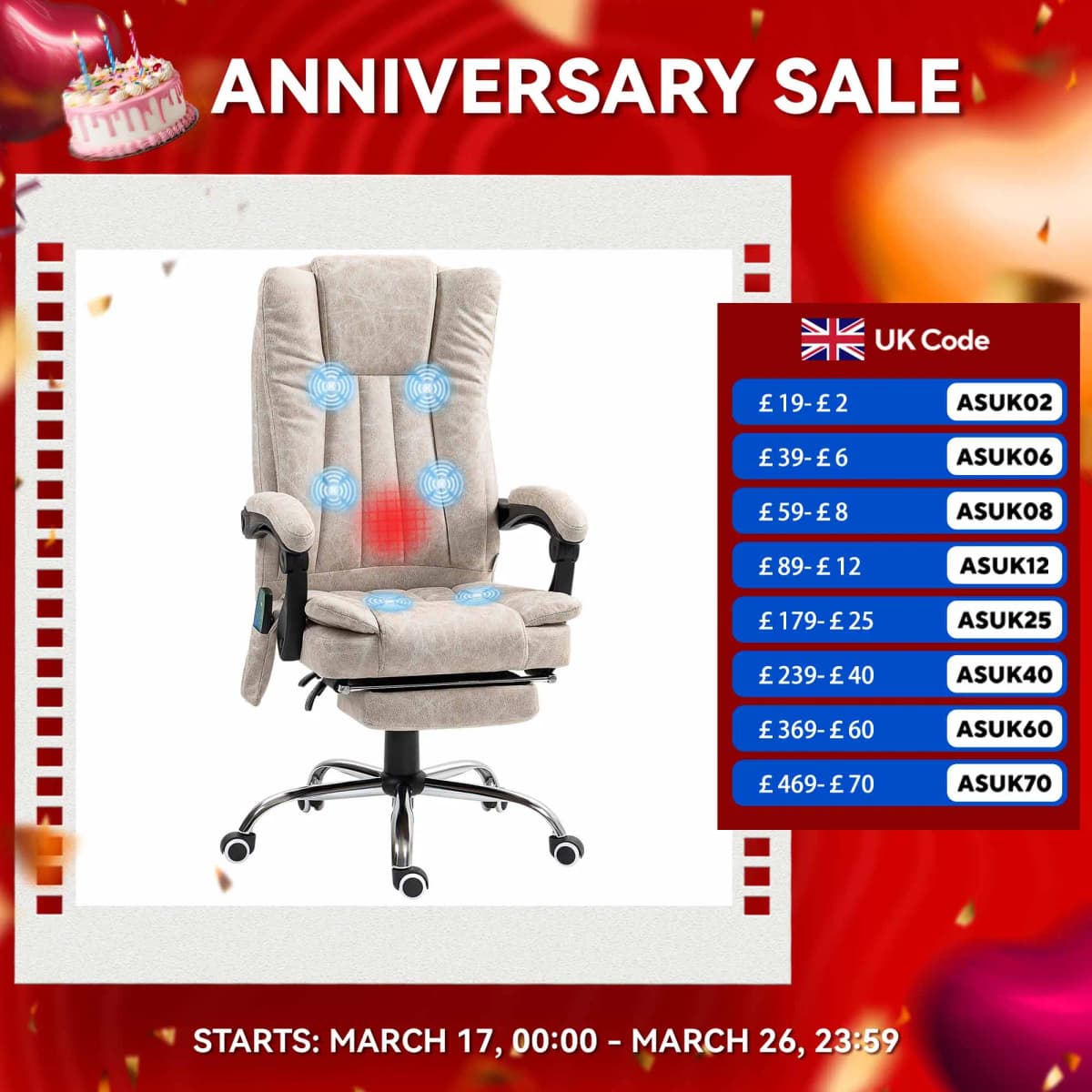 Vinsetto 6-Point Vibrating Heat Massage Chair w/ Microfibre Upholstery Grey