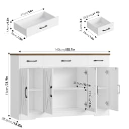 Sideboard, 140cm Sideboard Storage Cabinet with 4 Barn Doors & 3 Drawers
