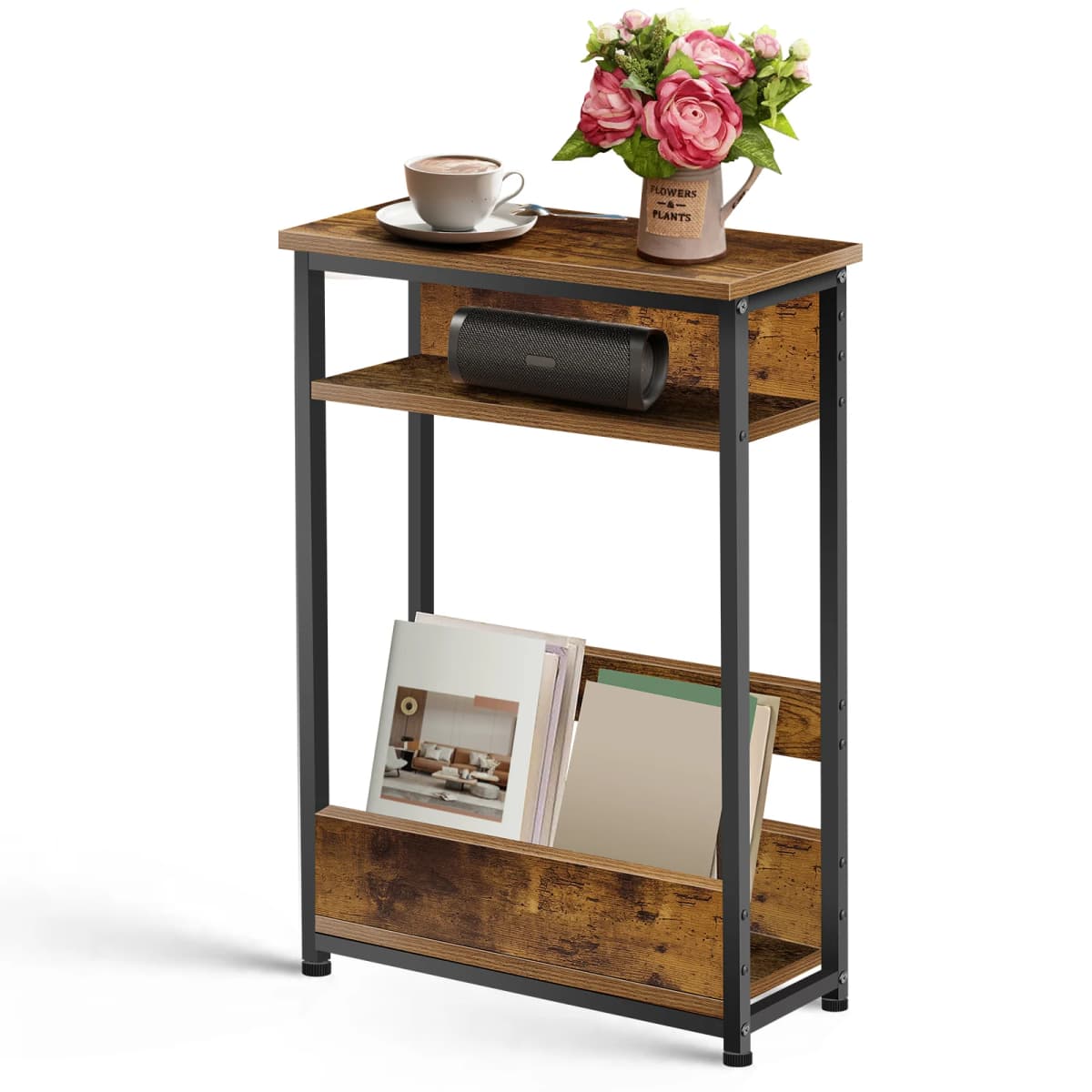 3 Tier Side Table with Storage Shelf, Slim End Table Modern Sofa Table for Narrow Spaces,Bedside Table with Magazine Rack