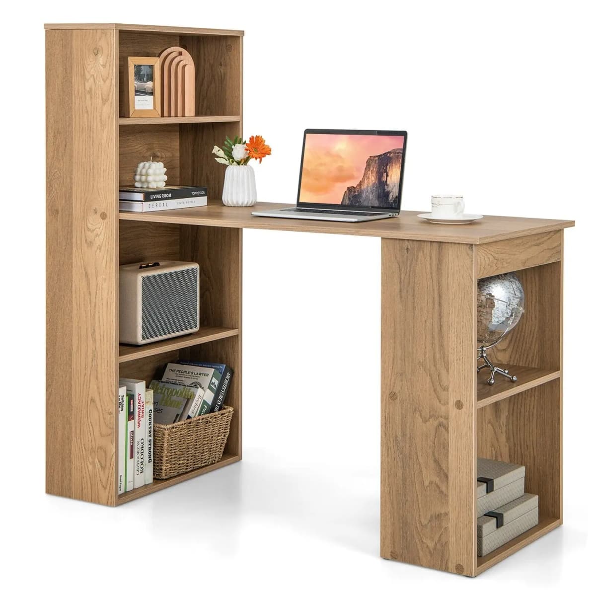 GOFLAME Computer Desk Wooden PC Laptop Table Writing Workstation 6-Tier Storage Shelves