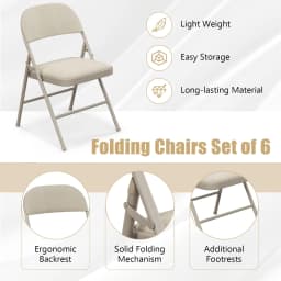 GOFLAME Set of 6 Folding Fabric Padded Chairs w/Sponge Seat and Backrest-Beige