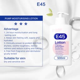 E45 Moisturising Lotion 500ml, For dry and sensitive skin, protect from dryness, soothe roughness, reduce redness, long-lasting