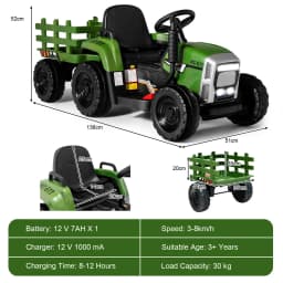DORTALA 12V Kids Ride On Tractor W/ Trailer Electric 3-Gear-Shift Ground Loader Toy Car