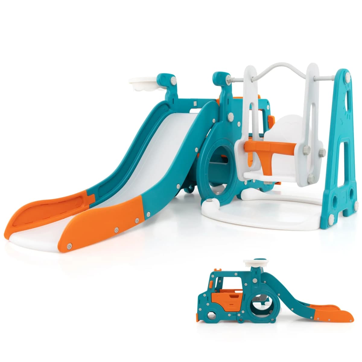 DORTALA 5-in-1 Kids Slide and Swing Set Kids Slide Indoor Playset w/ Baby Swing