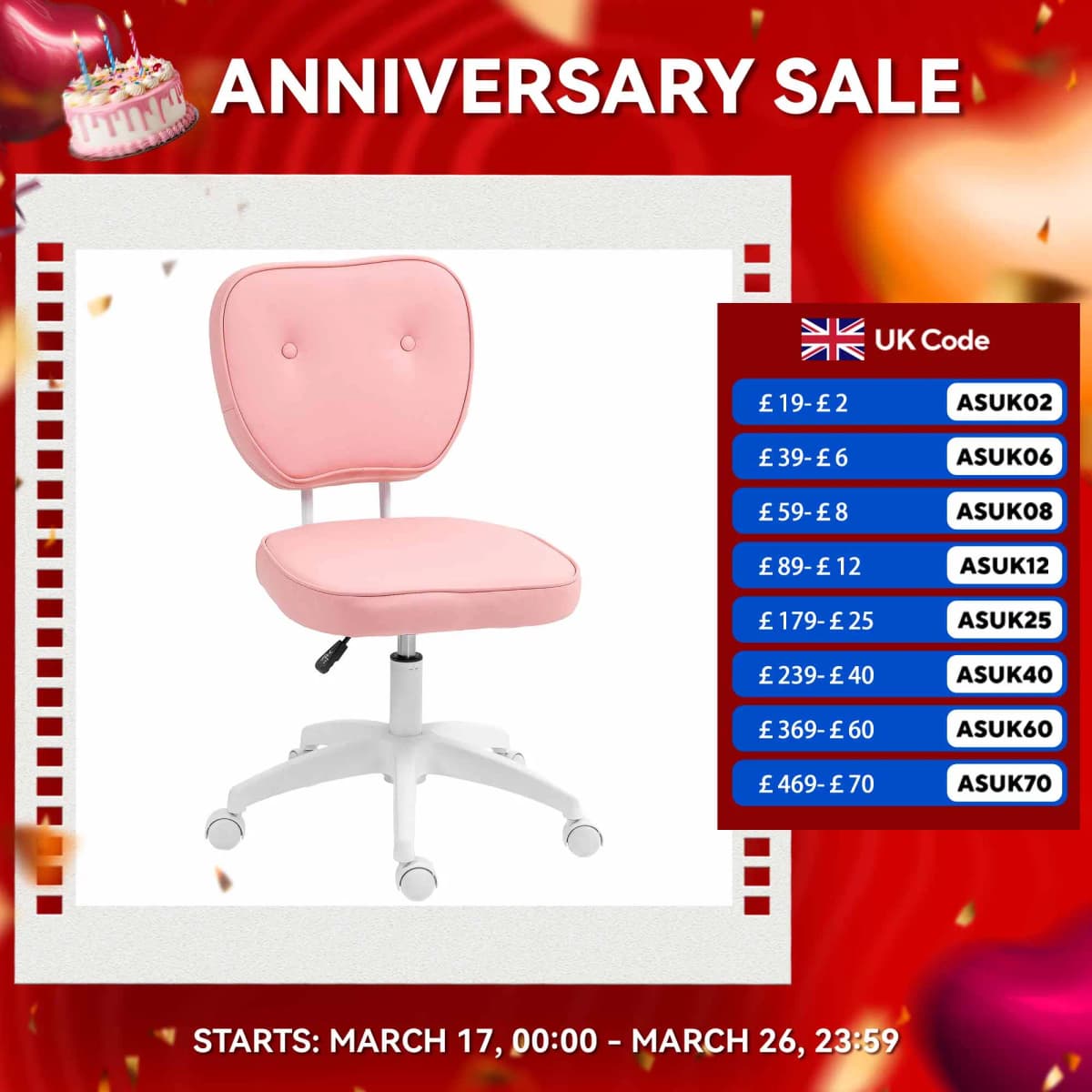 Vinsetto Vanity Task Chair with Adjustable Height, Armless, Pink