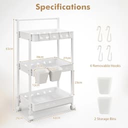 GOFLAME 3-Tier Rolling Storage Cart Utility Cart with 2 Hanging Cups & 4 Hooks