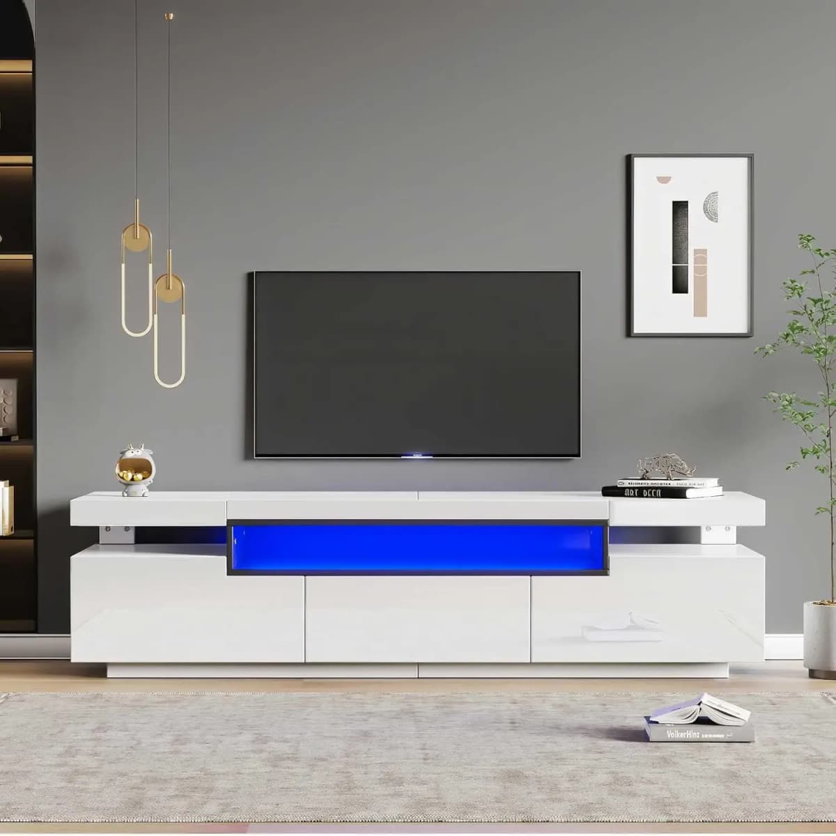 TV stand for 70-inch TV High-visibility TV stand with LED lights with open storage space for bedroom Living room Furniture
