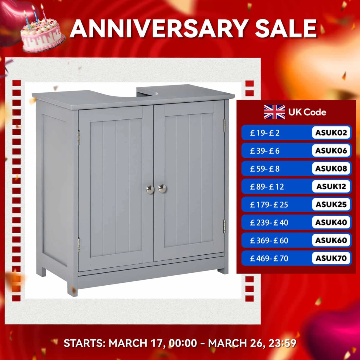 kleankin 60x60cm Under-Sink Storage Cabinet w/ Adjustable Shelf Grey White