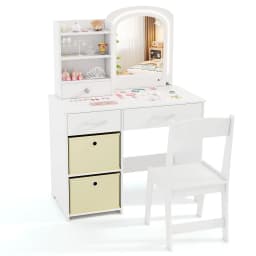 GOFLAME Kids Vanity Set Princess Makeup Desk and Chair w/Lighted Mirror-White