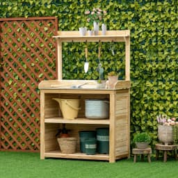 Garden Potting Bench Table Workstation W/ Galvanized Tabletop, Storage Shelves