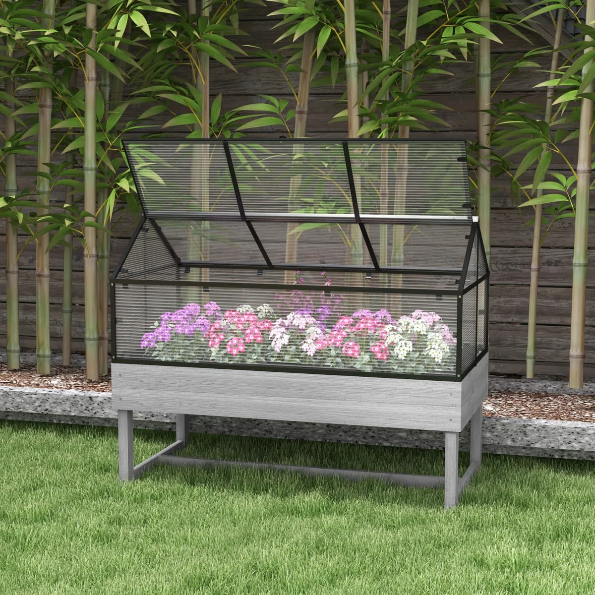 Raised Garden Bed with Cold Frame Greenhouse, Distressed Grey