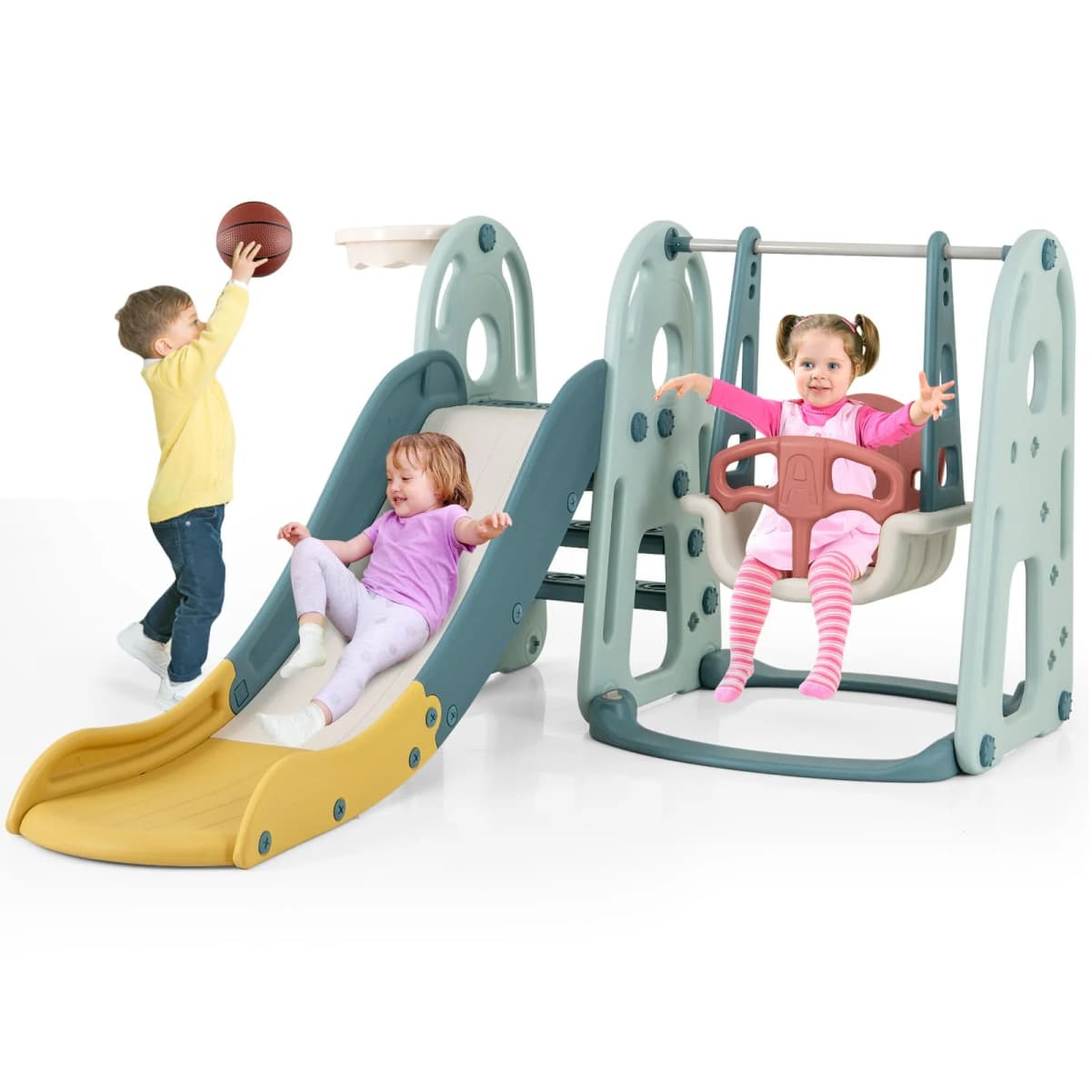 DORTALA 4-in-1 Kids Slide and Swing Set Freestanding Baby Slide Playset