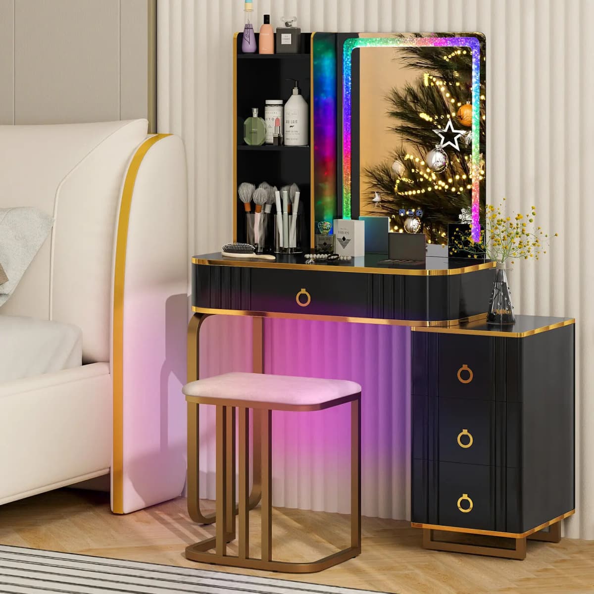 GOFLAME RGB Vanity Table Makeup Wood Stool Set Mirror Dressing Table w/LED Mirror