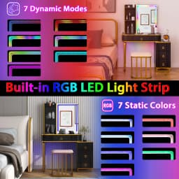 GOFLAME RGB Vanity Table Makeup Wood Stool Set Mirror Dressing Table w/LED Mirror