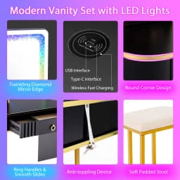 GOFLAME RGB Vanity Table Makeup Wood Stool Set Mirror Dressing Table w/LED Mirror