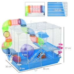 Pawhut 2 Tier Hamster Cage, Gerbil Cage with Exercise Wheels, Tunnel, Tube, Water Bottle, Dishes, Ladder, for Dwarf, Blue