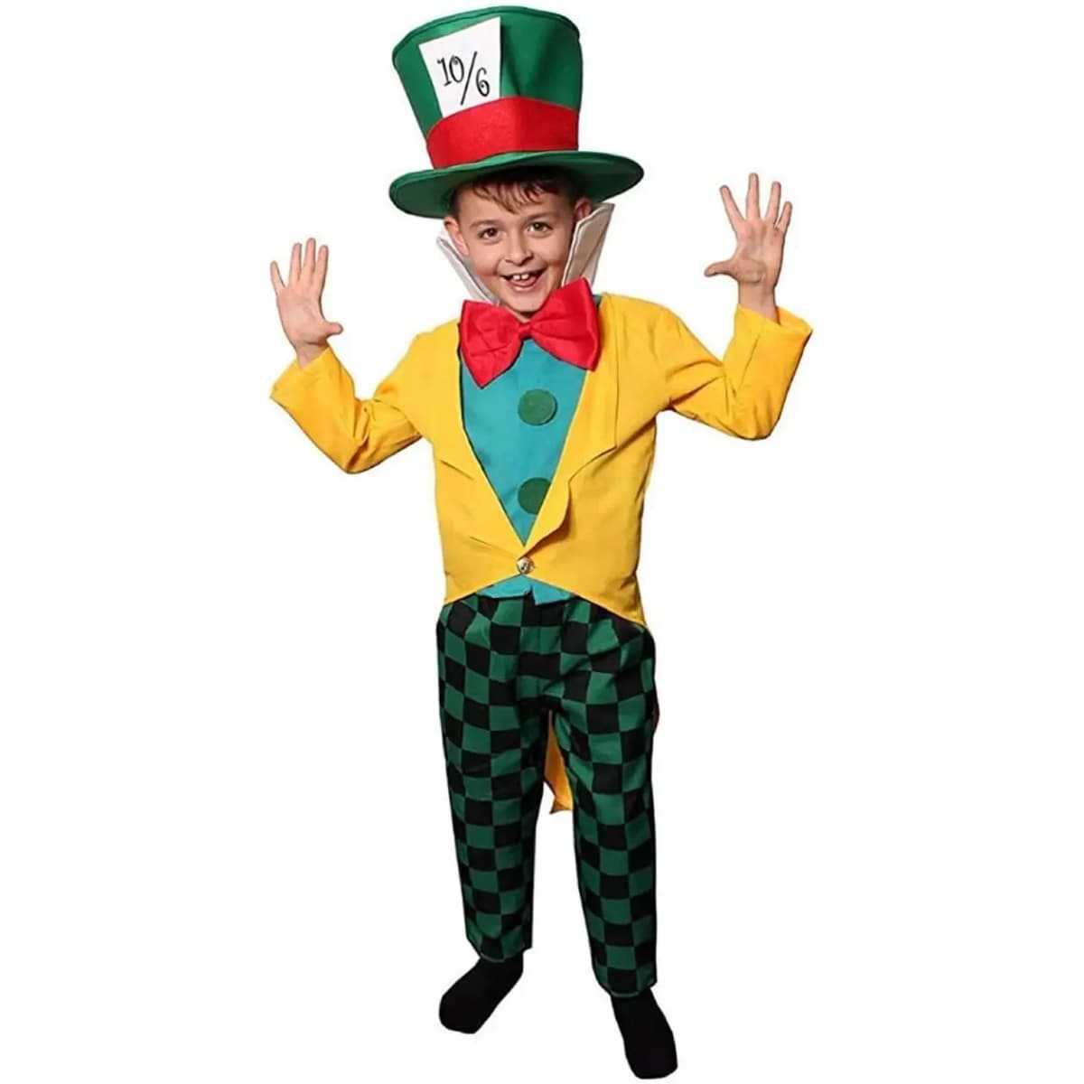 Kids Mad Tea Party Host Costume - Yellow Tailcoat, Turquoise Shirt, Red Bow Tie, Checkered Trousers - Hatter Outfit for World B