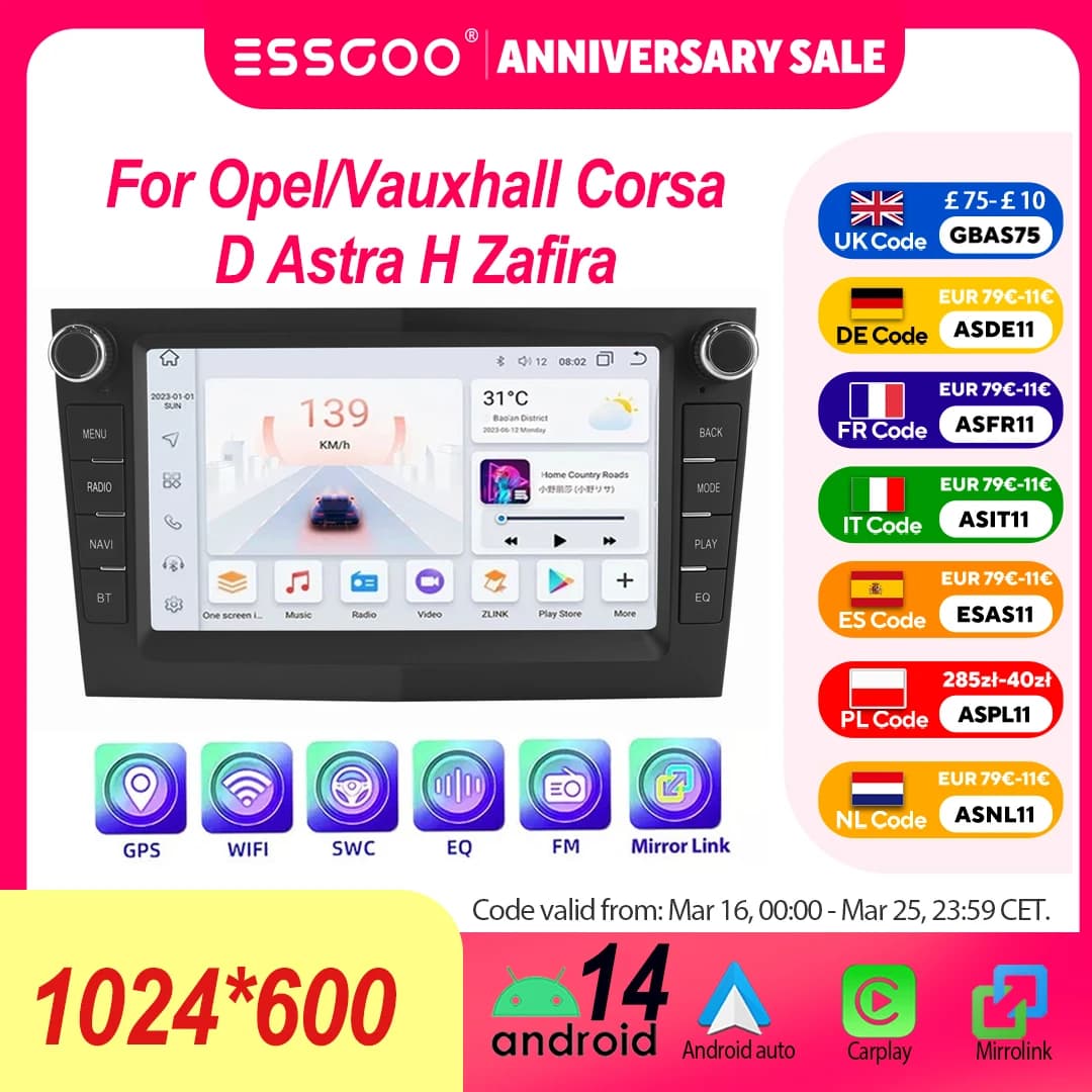 ESSGOO Black Carplay For Opel/Vauxhall Corsa D Astra H Zafira Android 14 GPS NAVI AI Voice Control 7” Car Stereo WIFI BT SWC RDS