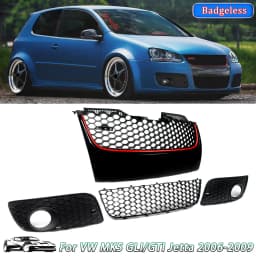 Front Bumper Upper + Lower Mesh Grille Red Trim Compatible with 2006-2009 VW Jetta Golf GTI GLI /MK5 Front Grille Assembly Black