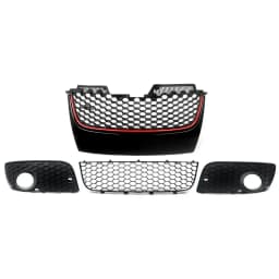 Front Bumper Upper + Lower Mesh Grille Red Trim Compatible with 2006-2009 VW Jetta Golf GTI GLI /MK5 Front Grille Assembly Black
