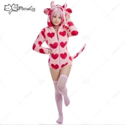 Meowcos Women's Cow Style Bodycon Romper Pajama Heart Print Long Sleeve Zipper Bodycon Jumpsuit Sleepwear with Choker and Socks