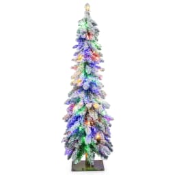 DORTALA 4FT Pre-Lit Artificial Christmas Tree Flocked Slim XmasTree 11 Modes Light Color