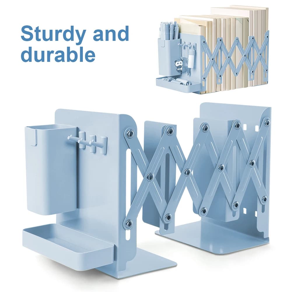 Retractable Desktop Bookstand with Basket & Hook Modern Metal Book Holder Magazine Storage Rack School Students Supplies