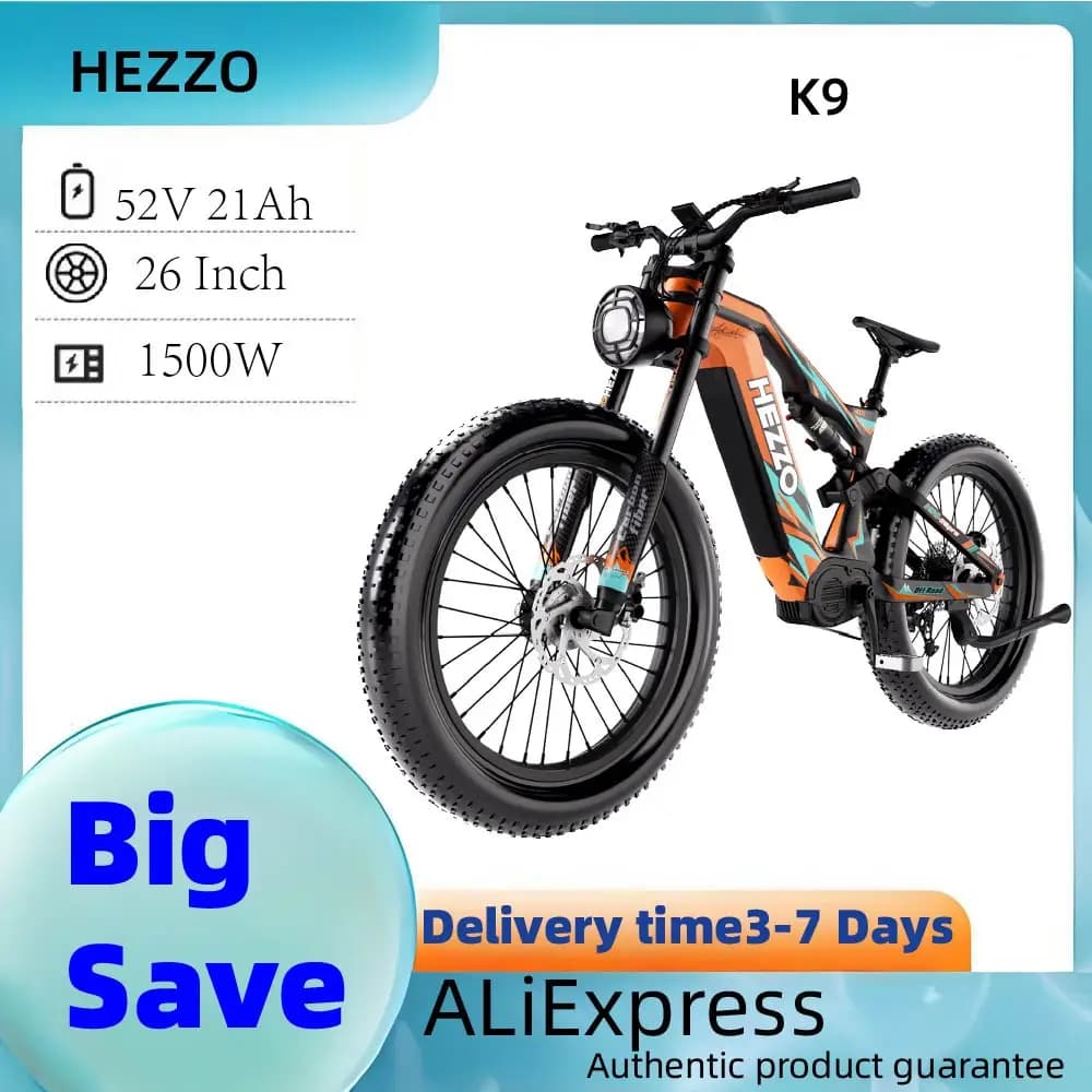 HEZZO K9 Carbon fiber Adult Electric Bike 1500W Motor E-Mountain bike 52V21AH Battery Electric Bicycle 26''Fat Tire Men's E-bike