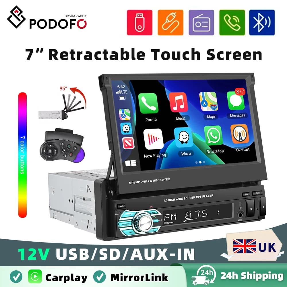 Podofo Carplay Android Auto Car MP5 Player 7 Inch 1Din Manually Retractable Car Radio Multimedia MP5 Player FM BT USB Autoradio