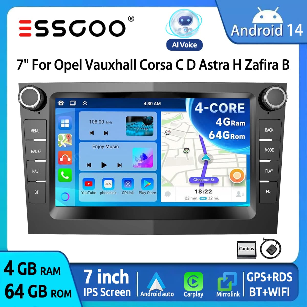 7" Android 14 Car Stereo For Opel/Vauxhall Corsa D Astra H Zafira Vivaro Zafira Combo Signum Tigra Carplay GPS NAVI AI Voice RDS