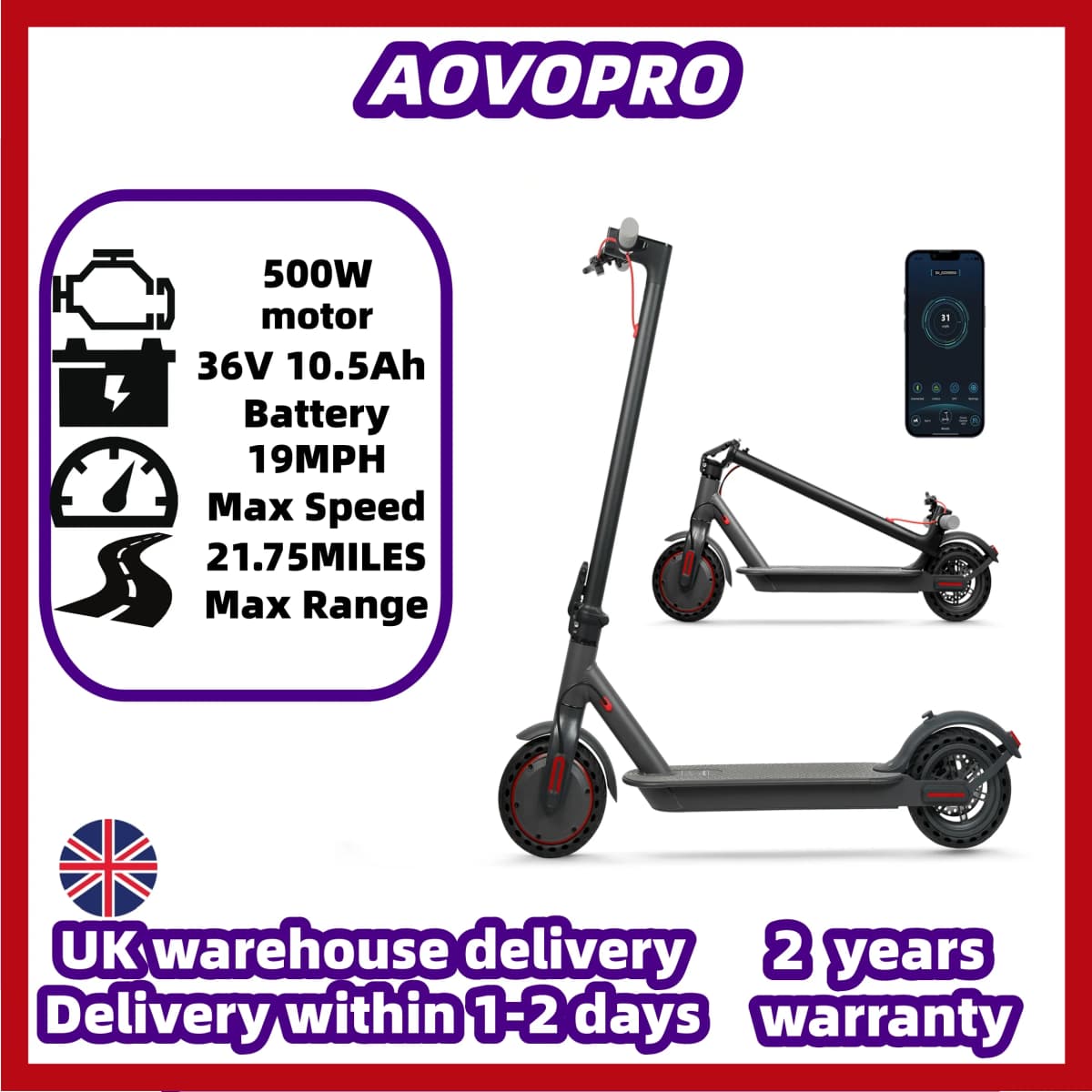 AOVOPRO Electric Scooter Top Speed: 19 Mph Range: 21.75 Miles Peak Power: 350W Suitable For Adults Foldable Electric Scooter