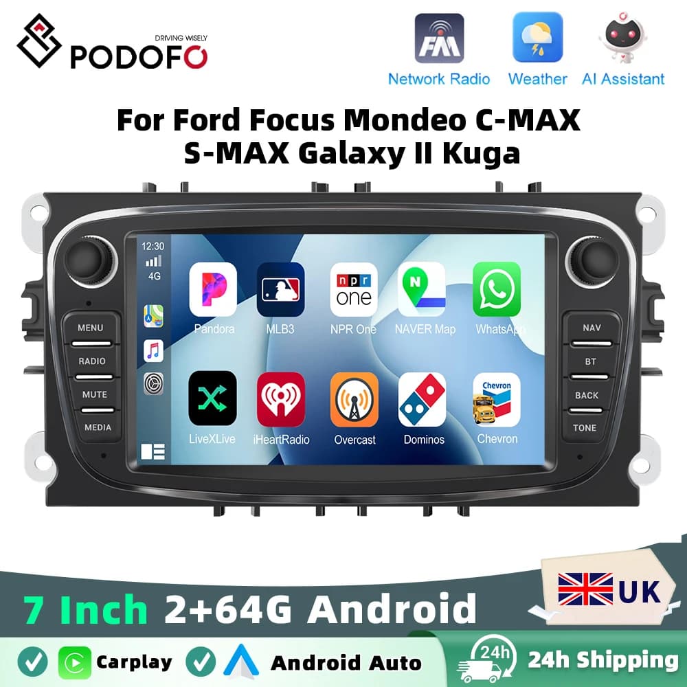 Podofo 2+64GB Wireless Carplay AndroidAuto Car Radio Car Video Player GPS For Ford Focus Mondeo C-MAx S-MAX Galaxy Il Kuga