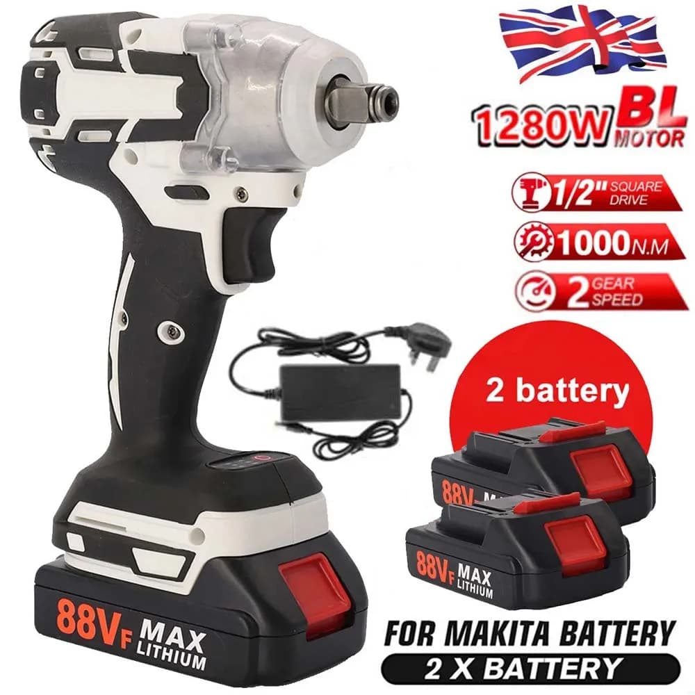 580NM Cordless Electric Impact Wrench 1/2 inch Power Tools Compatible Makita 21V 1/2PCS Battery Wrench with Toolbox Set