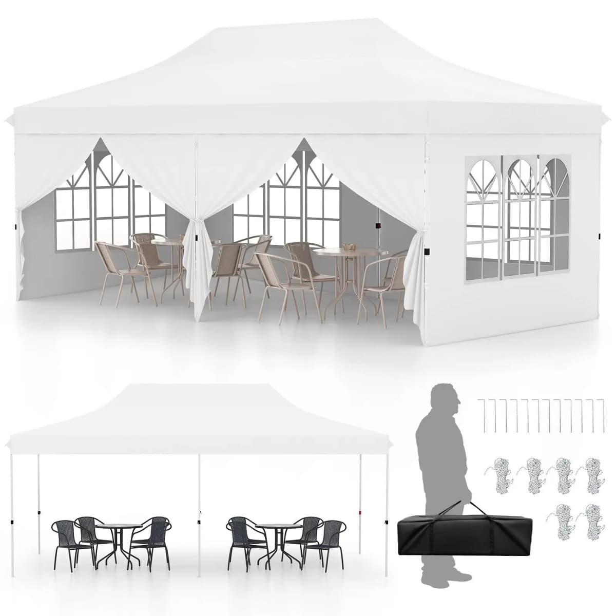 GOFLAME 3M x 6M Pop up Canopy Tent Garden Gazebo Canopy Zippered Entrances W/6 Sidewalls