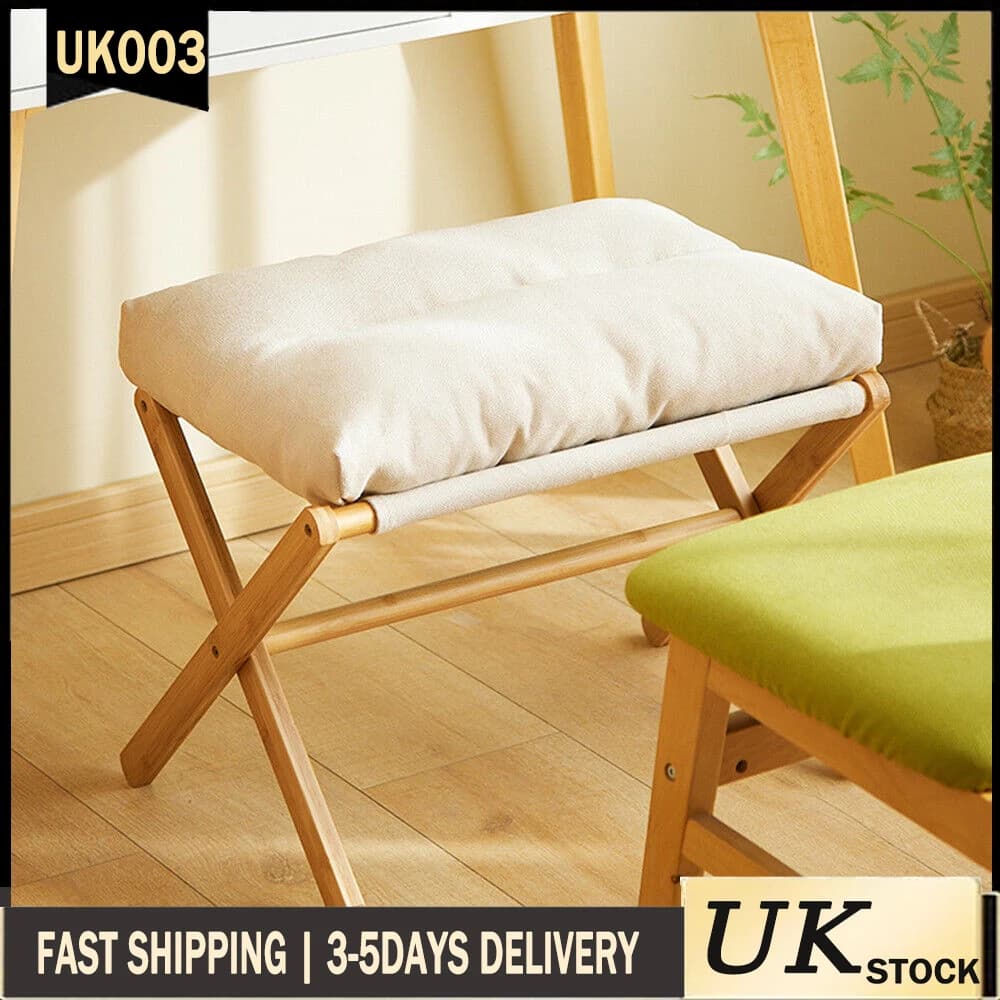 Folding Ottoman Sofa Upholstered Footstool Bamboo Leg Seat Furniture Stool
