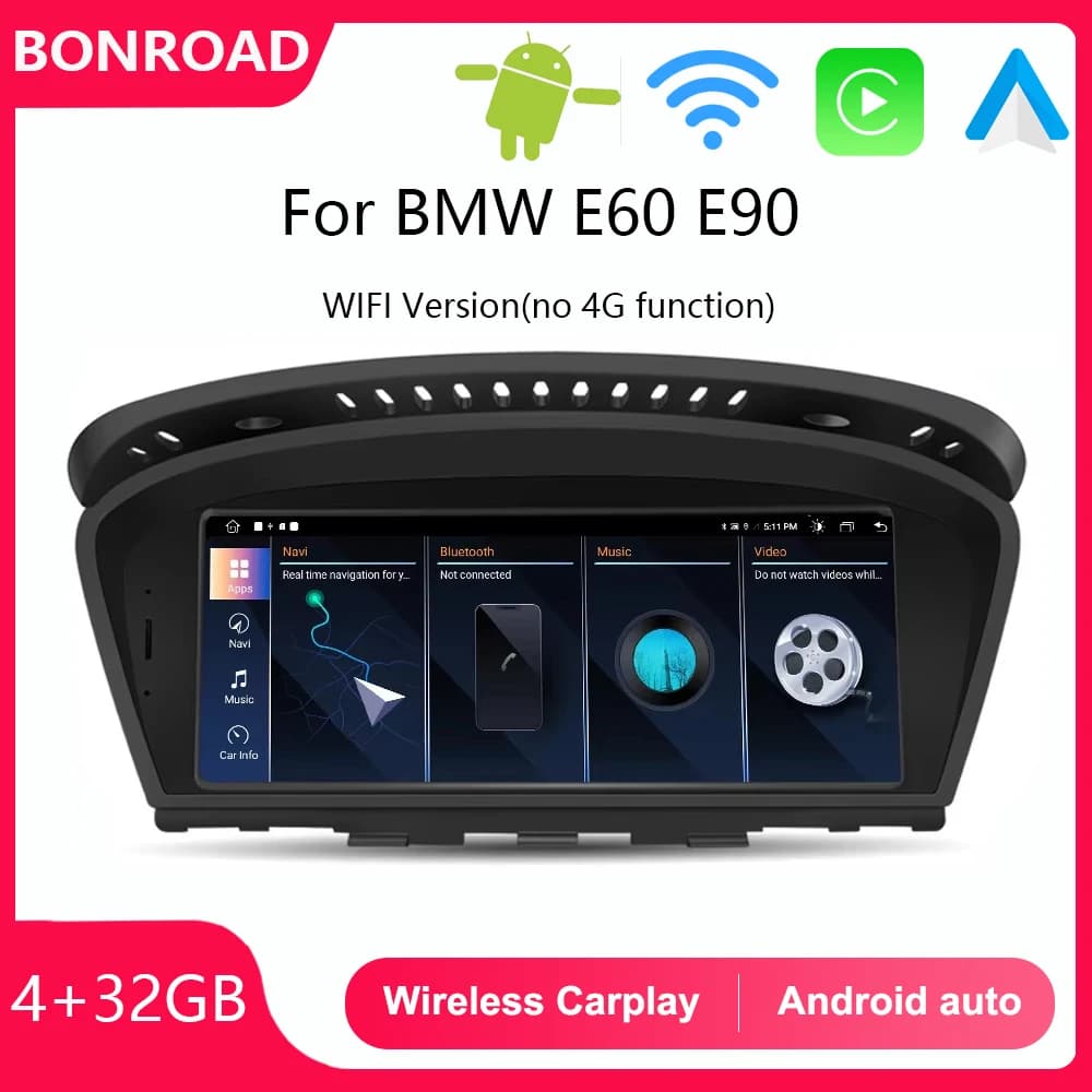 Bonroad Wireless CarPlay Android Auto For BMW 3 5 Series E60 E61 E62 E63 E90 E91 E92 Car Radio Multimedia Player Stereo GPS WIFI