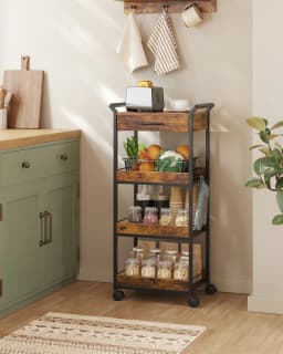 VASAGLE Storage Trolley, 4-Tier Rolling Cart with Table Top, Handles, 4 Lockable Castors, Top Drawer, Mesh Shelves