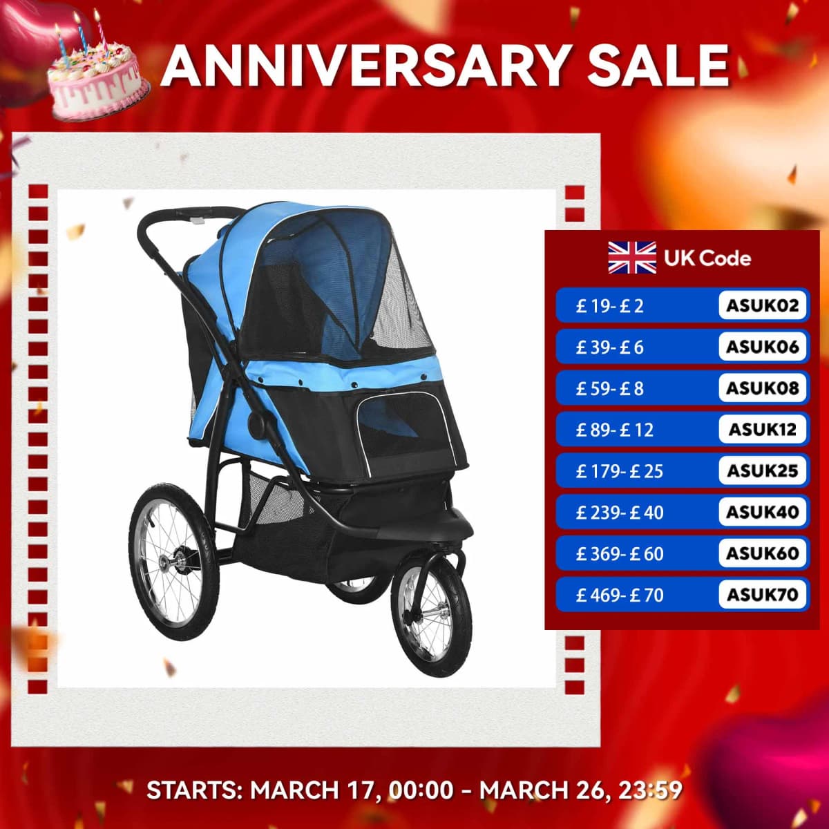 PawHut 3 Wheel Pet Stroller, for Medium Small Dogs, Foldable Cat Pram