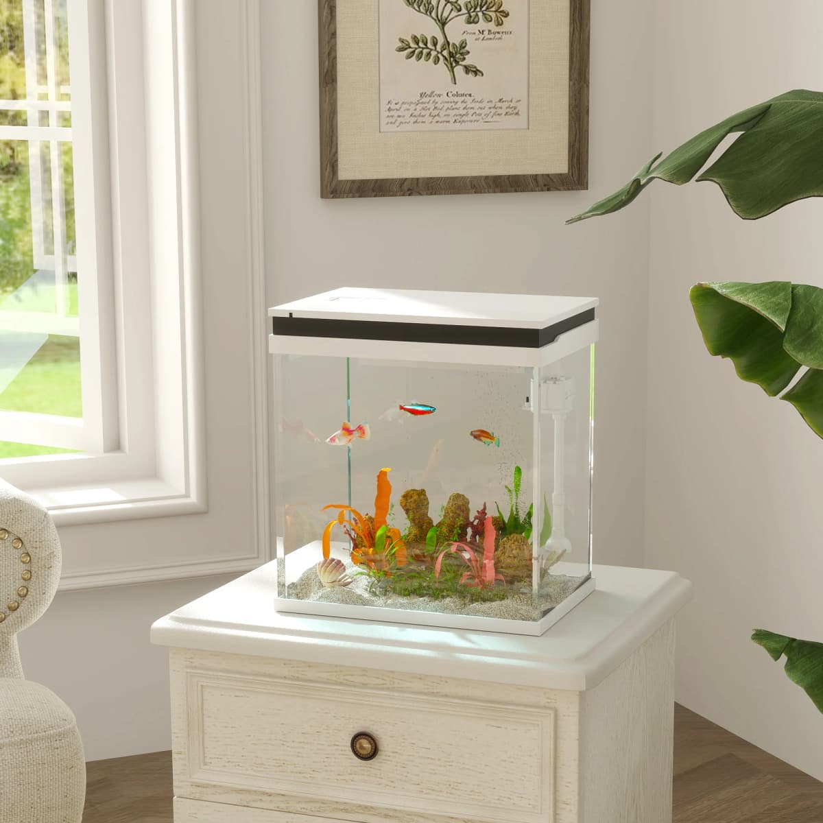 PawHut Small Fish Tank with Filter System, LED Lights, Water Pump, White