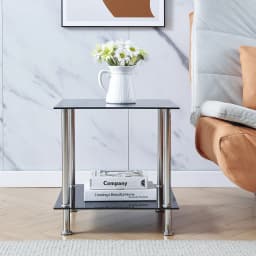 BonChoice 2-Tier Square/Round End Table Black Glass Side Coffee Tables with Stainless Steel Legs